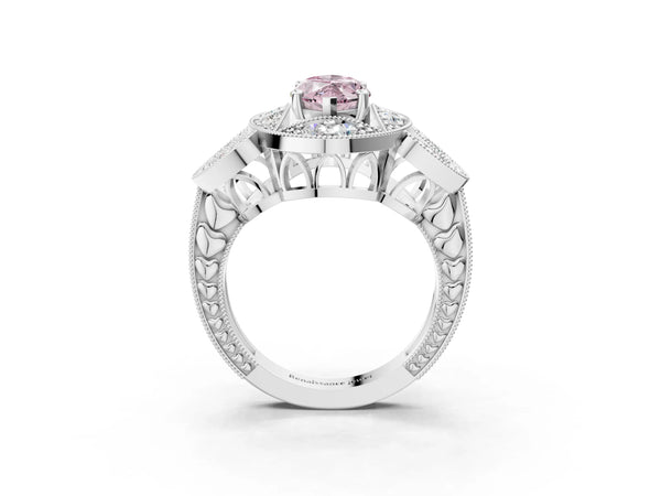 Platinum Fancy Pink Marquise Cut Halo Milgrain Diamond Engagement Ring with Leaf Band and Four-Prong Setting