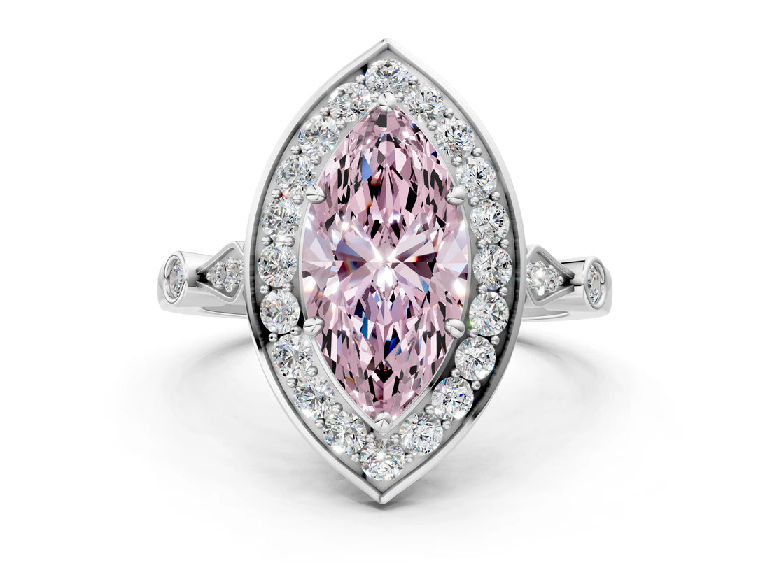 Platinum Fancy Pink Marquise  Halo Diamond Engagement Ring with Twisted Band and Four-Prong Setting 1