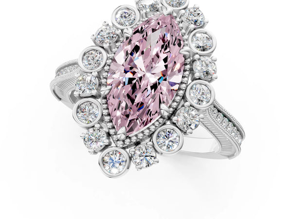 Platinum Fancy Pink Marquise  Halo Milgrain Pave Diamond Ring with Four-Prong Setting