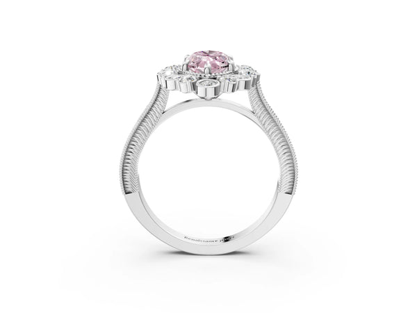 Platinum Fancy Pink Marquise  Halo Milgrain Pave Diamond Ring with Four-Prong Setting