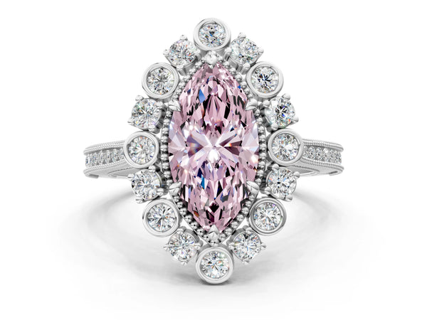 Platinum Fancy Pink Marquise  Halo Milgrain Pave Diamond Ring with Four-Prong Setting