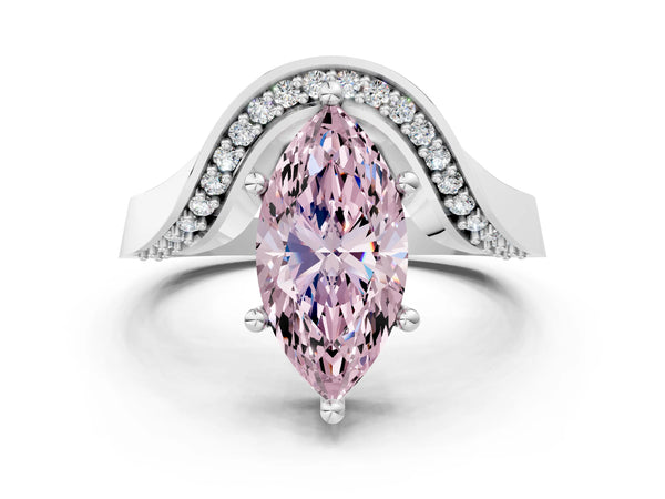 Platinum Fancy Pink Marquise  Solitaire Diamond Engagement Ring with Pave Band and Four-Prong Setting