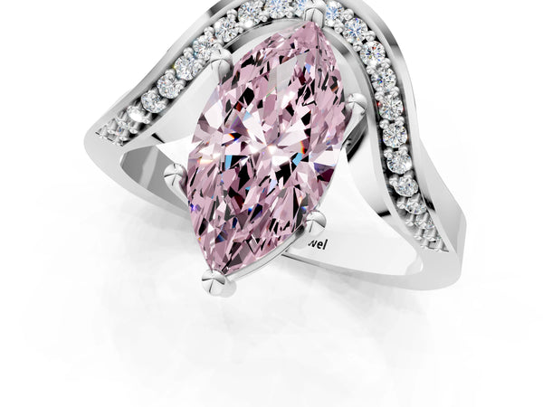 Platinum Fancy Pink Marquise  Solitaire Diamond Engagement Ring with Pave Band and Four-Prong Setting