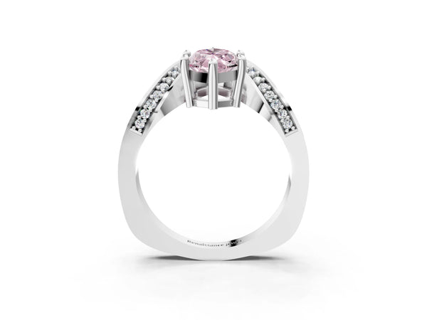 Platinum Fancy Pink Marquise  Solitaire Diamond Engagement Ring with Pave Band and Four-Prong Setting