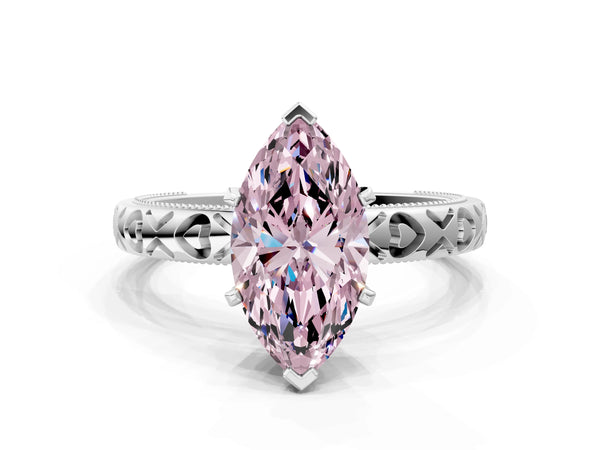 Platinum Fancy Pink Marquise  Solitaire Diamond Engagement Ring with XO Engraved Band and Four-Prong Setting