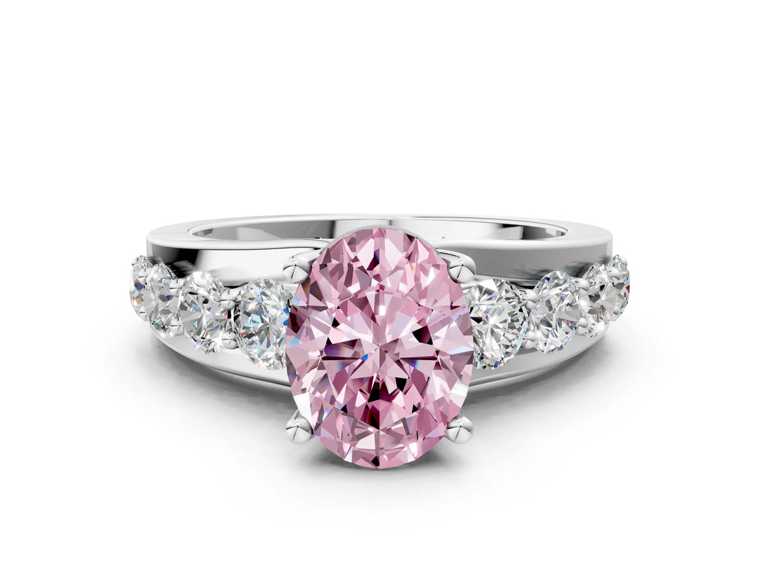 Platinum Fancy Pink Oval  Brilliant Solitaire with Side Stones on a Pave Band and Four-Prong Setting_12
