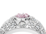 Platinum Fancy Pink Oval Cut Brilliant Halo Pave Diamond Milgrain Ring_10