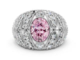 Platinum Fancy Pink Oval Cut Brilliant Halo Pave Diamond Milgrain Ring_6