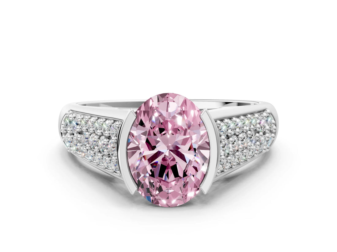 Platinum Fancy Pink Oval Cut Cut Diamond Channel Set Pave Band with Tension Prong Setting_12