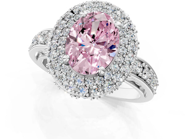 Platinum Fancy Pink Oval Cut Diamond Double Halo Ring with Pavé Band and Four-Prong Setting