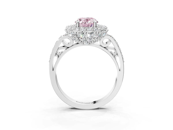 Platinum Fancy Pink Oval Cut Diamond Double Halo Ring with Pavé Band and Four-Prong Setting