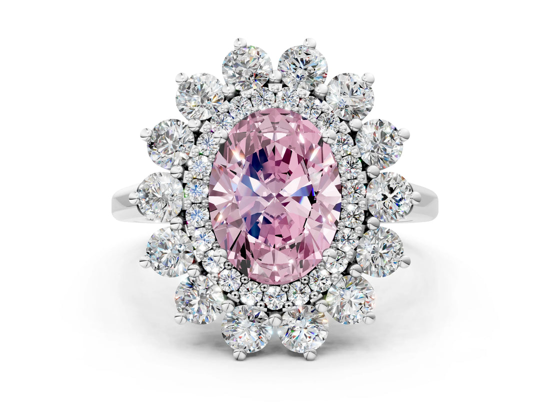 Platinum Fancy Pink Oval Cut Diamond Floral Double Halo Engagement Ring with Prong Setting_37