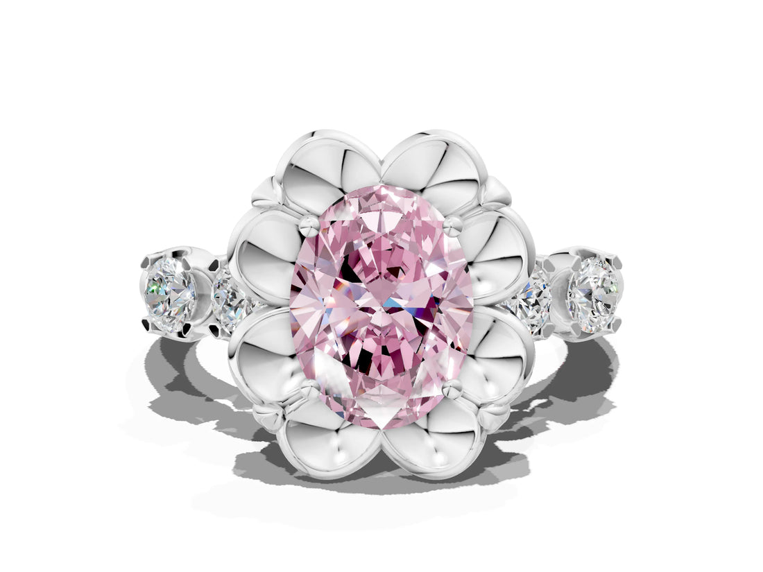 Platinum Fancy Pink Oval  Cut Diamond Floral Halo Engagement Ring with Shared Prong Setting 1