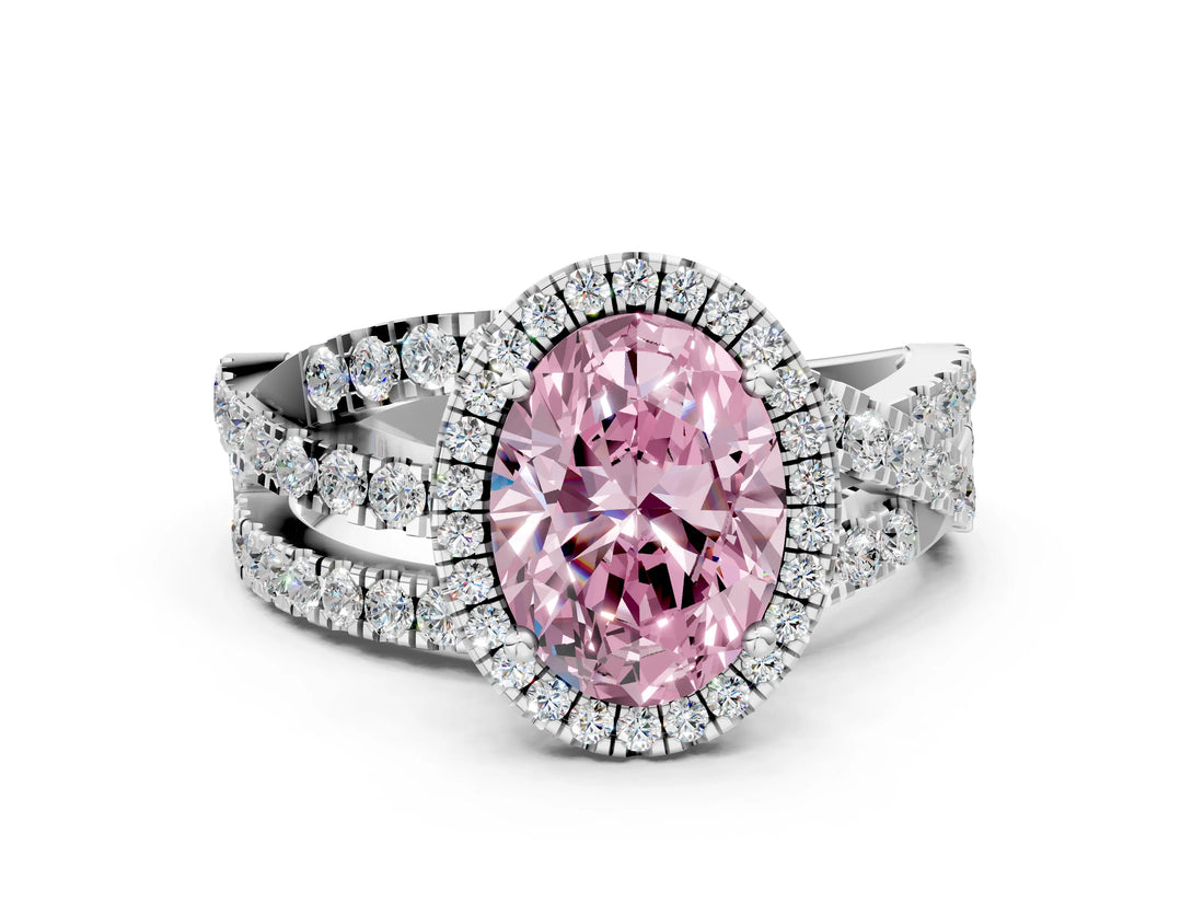 Platinum Fancy Pink Oval Cut Diamond Halo Ring with Round Split Shank and Prong Setting_12