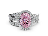 Platinum Fancy Pink Oval Cut Diamond Halo Ring with Round Split Shank and Prong Setting_12