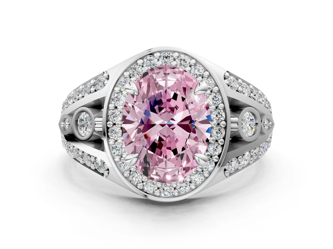 Platinum Fancy Pink Oval Cut Diamond Halo Ring with Split Shank and Bezel Accents and Four-Prong Setting_6