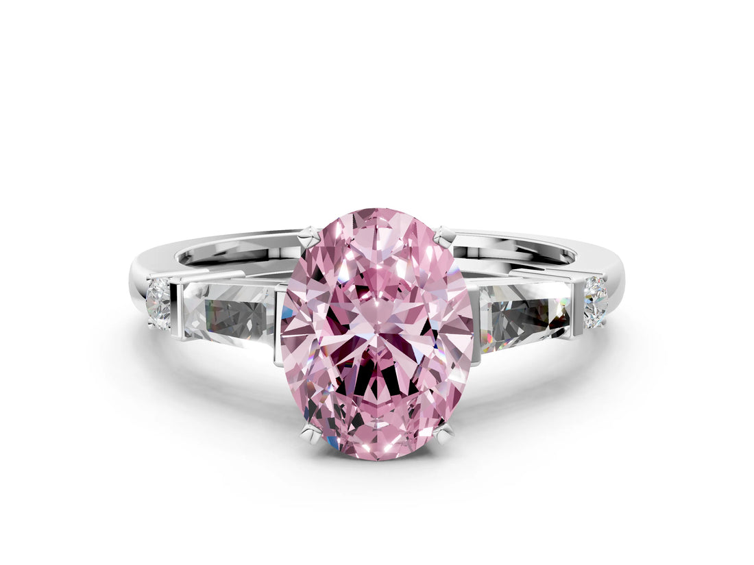 Platinum Fancy Pink Oval  Cut Diamond Ring with Baguette Side Stones, Channel Set Band, and Four-Prong Setting_24