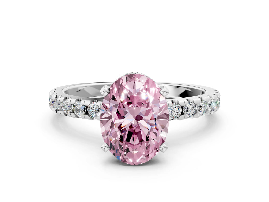Platinum Fancy Pink Oval Cut Diamond Solitaire Ring with Round  Pavé Band and Four-Prong Setting_36