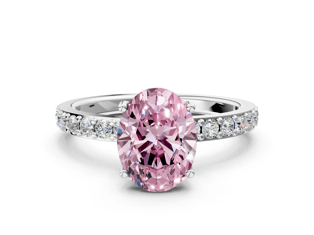 Platinum Fancy Pink Oval  Cut Diamond Solitaire with Pave Band and Four-Prong Setting 1