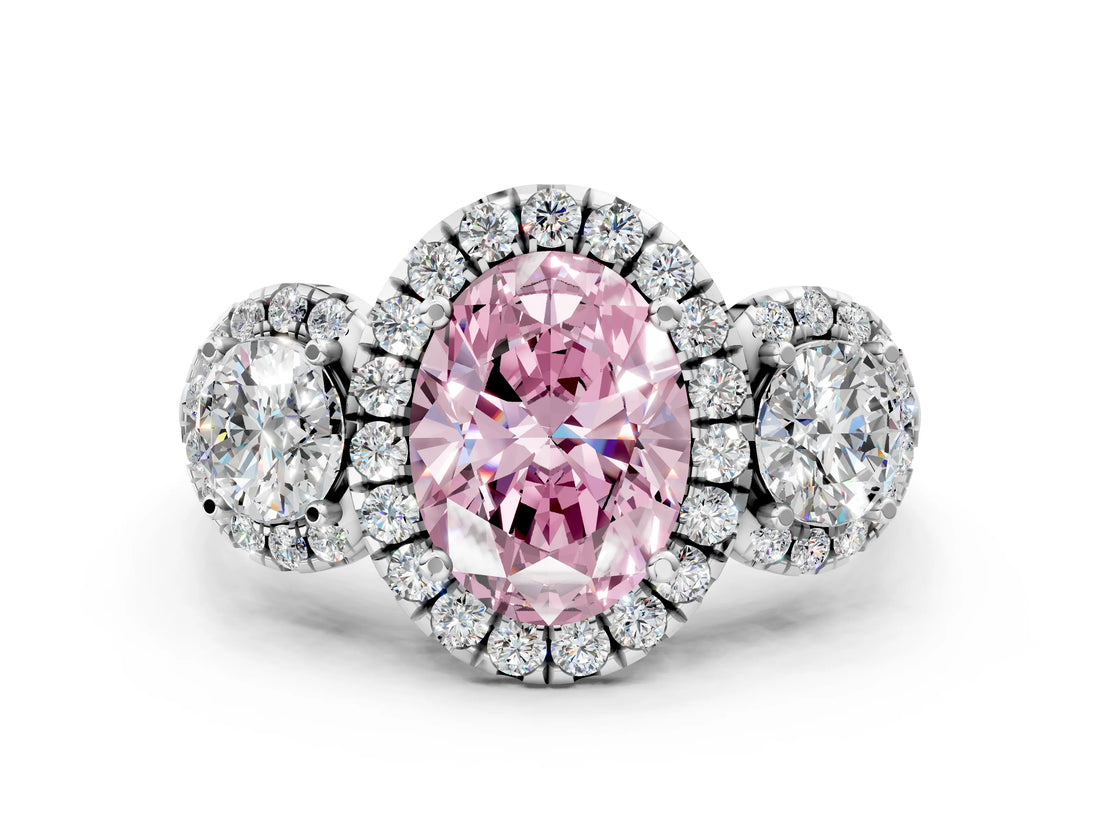 Platinum Fancy Pink Oval Cut Diamond Three-Stone Halo Ring with Prong Setting and Pavé Accents_12