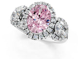 Platinum Fancy Pink Oval Cut Diamond Three-Stone Halo Ring with Prong Setting and Pavé Accents_13