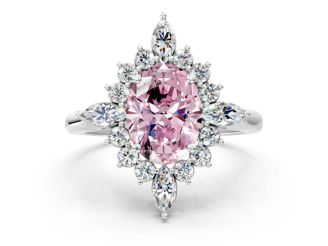 Platinum Fancy Pink Oval Cut Halo Diamond Cluster Ring with Marquise and Round Stones on a White Gold Band with Prong Setting