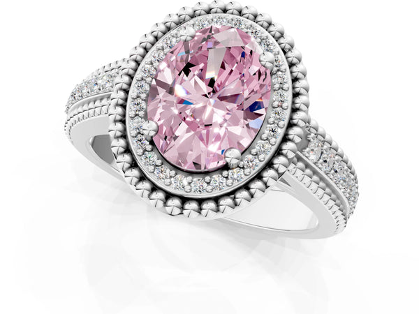 Platinum Oval Beaded Halo Engagement Ring Setting for Fancy Pink Center with Pave