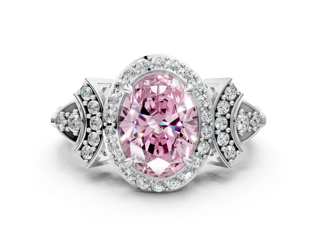 Platinum Fancy Pink Oval Cut Halo Diamond Split Shank Engagement Ring with Four-Prong Setting_6