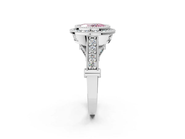 Platinum Oval Vintage Bezel Halo Engagement Ring Setting for Fancy Pink Center