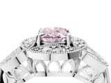Platinum Fancy Pink Oval Cut Halo Milgrain Diamond Engagement Ring with Leaf Band and Four-Prong Setting_16