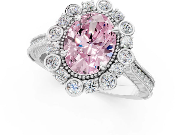 Platinum Oval Scalloped Milgrain Halo Engagement Ring Setting for Fancy Pink Center