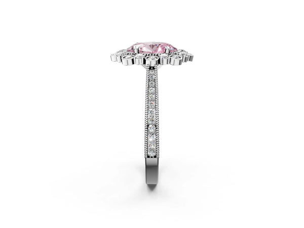 Platinum Oval Scalloped Milgrain Halo Engagement Ring Setting for Fancy Pink Center
