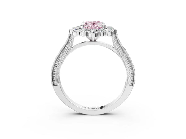 Platinum Oval Scalloped Milgrain Halo Engagement Ring Setting for Fancy Pink Center