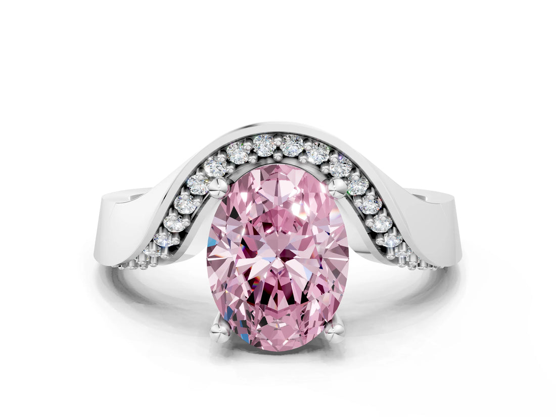 Platinum Fancy Pink Oval  Solitaire Diamond Engagement Ring with Pave Band and Four-Prong Setting 1