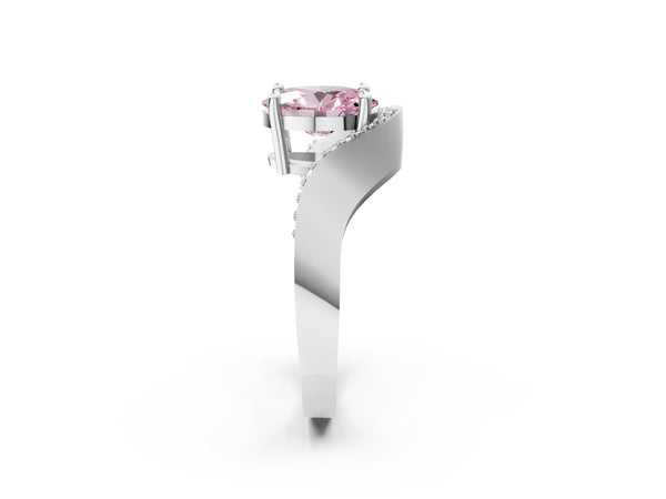 Platinum Oval Bypass Solitaire Engagement Ring Setting for Fancy Pink Center with Pave Wave Band