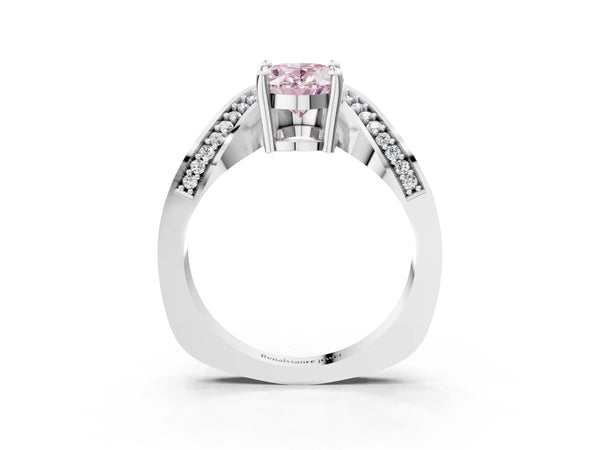 Platinum Oval Bypass Solitaire Engagement Ring Setting for Fancy Pink Center with Pave Wave Band