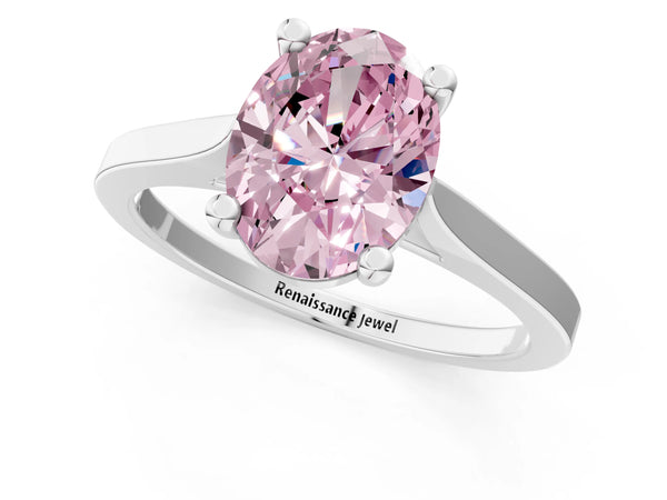 Platinum Fancy Pink Oval  Solitaire Diamond Ring with Four-Prong Setting and Tapered Band