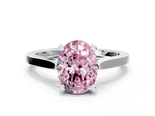 Platinum Fancy Pink Oval  Solitaire Diamond Ring with Four-Prong Setting and Tapered Band