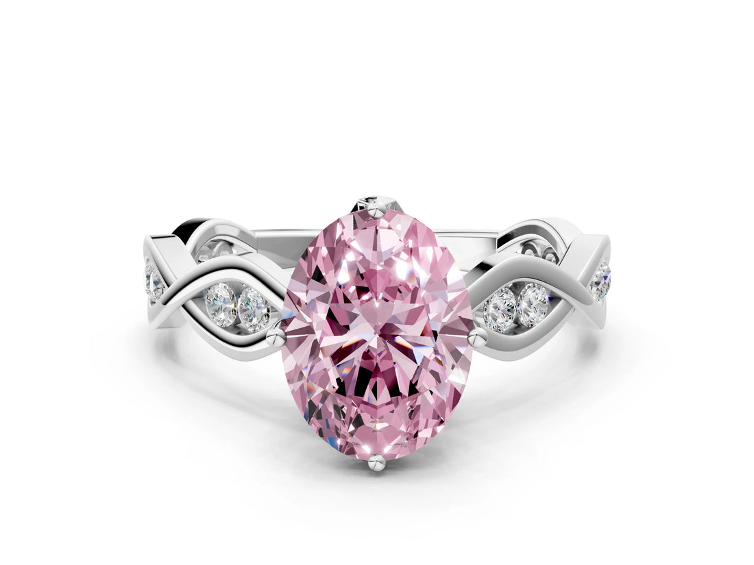 Platinum Fancy Pink Oval  Solitaire Twist Band with Leaf Prong Setting