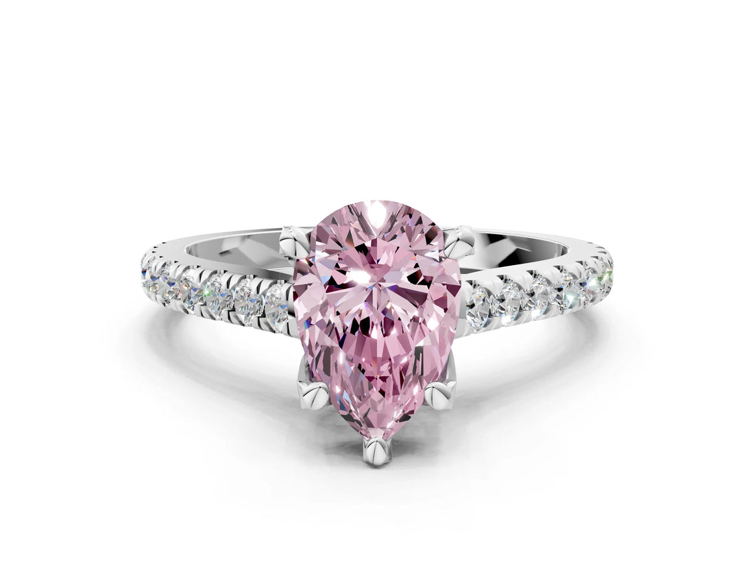 Platinum Fancy Pink Pear  Brilliant Diamond Solitaire with Pavé Band and Four-Prong Setting