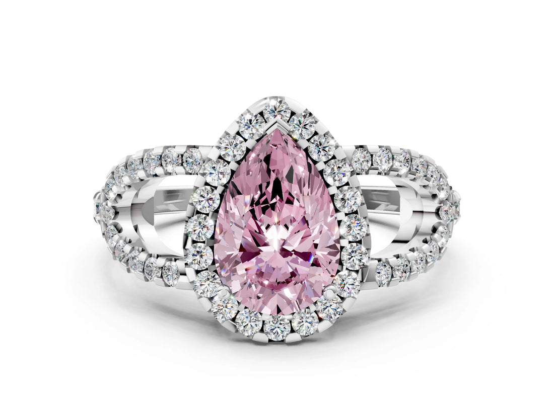 Platinum Fancy Pink Pear Cut Cut Diamond Halo Engagement Ring with Open Split Pavé Band_6