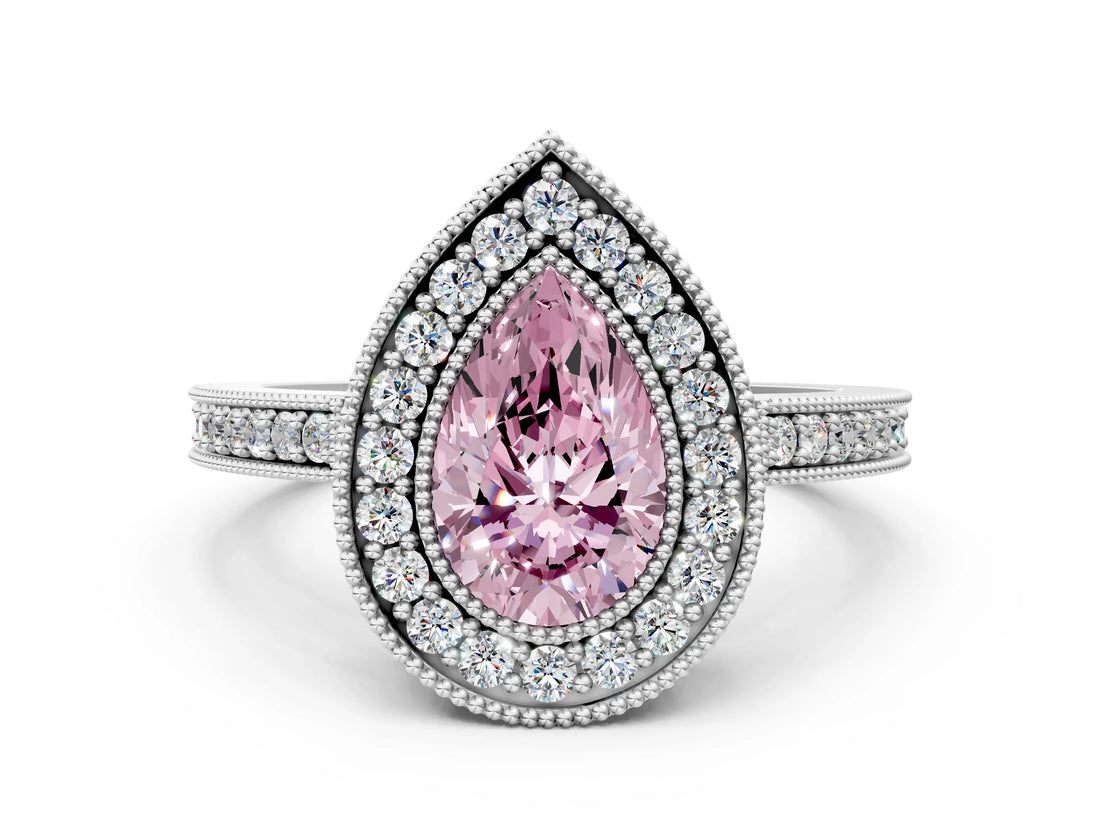 Platinum Fancy Pink Pear Cut-Cut Diamond Halo Engagement Ring with Pave Band and Prong Setting_12
