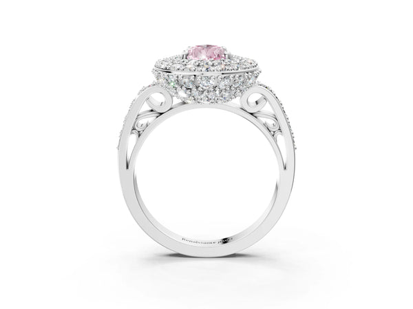 Platinum Fancy Pink Pear Cut Diamond Double Halo Ring with Pavé Band and Four-Prong Setting
