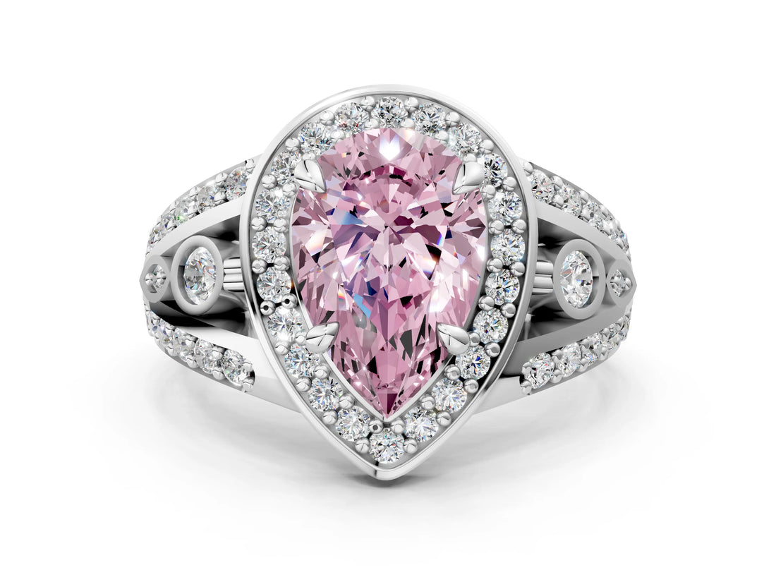 Platinum Fancy Pink Pear Cut Diamond Halo Ring with Split Shank and Bezel Accents and Four-Prong Setting_6