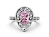 Platinum Fancy Pink Pear Cut Diamond Milgrain Halo Engagement Ring with Round Pavé Band and Prong Setting_12