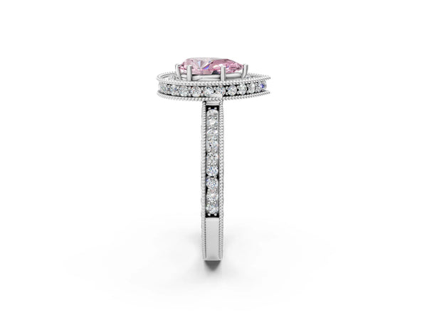 Platinum Pear-Shaped Milgrain Hidden Halo Engagement Ring Setting for Fancy Pink Center