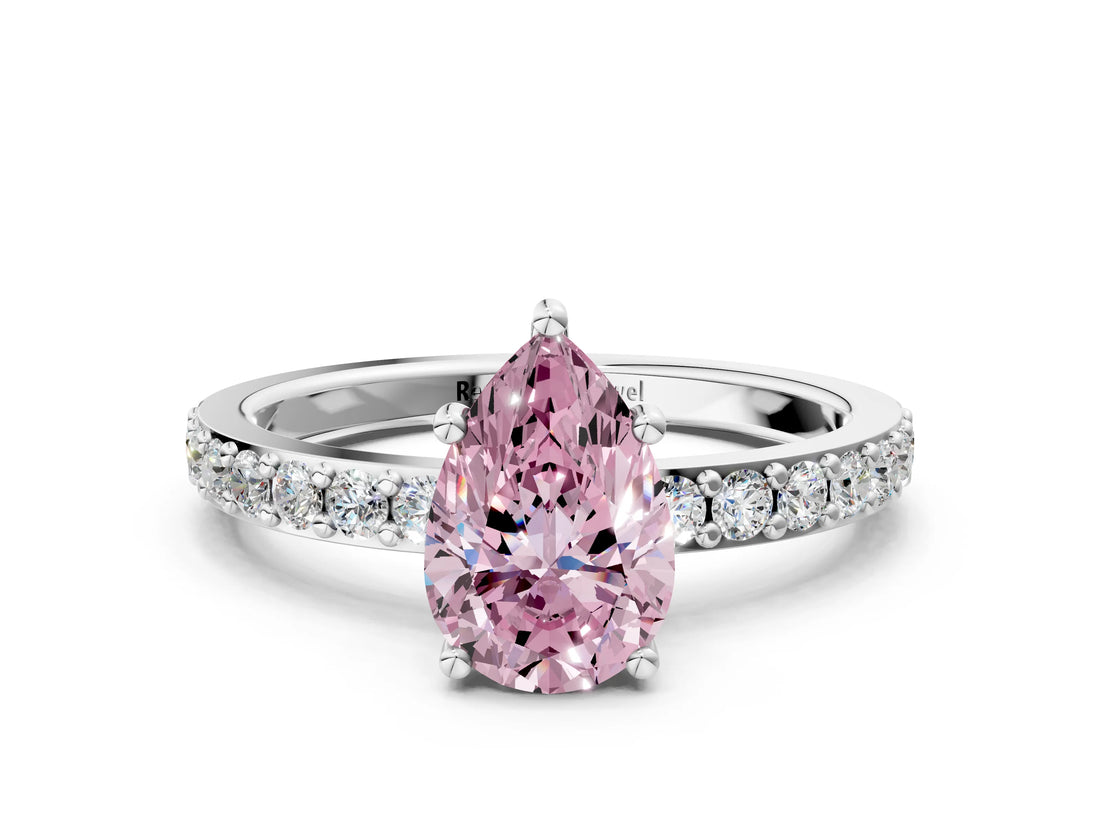 Platinum Fancy Pink Pear  Cut Diamond Solitaire with Pave Band and Four-Prong Setting
