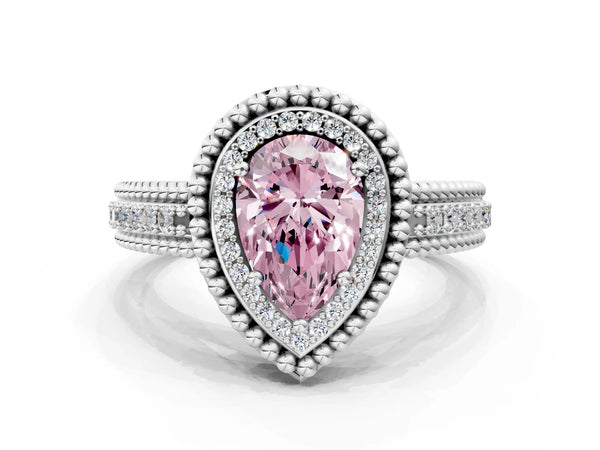 Platinum Pear-Shaped Beaded Halo Engagement Ring Setting for Fancy Pink Center with Pave