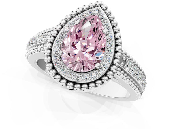 Platinum Pear-Shaped Beaded Halo Engagement Ring Setting for Fancy Pink Center with Pave