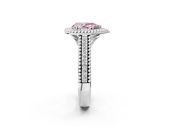 Platinum Pear-Shaped Beaded Halo Engagement Ring Setting for Fancy Pink Center with Pave